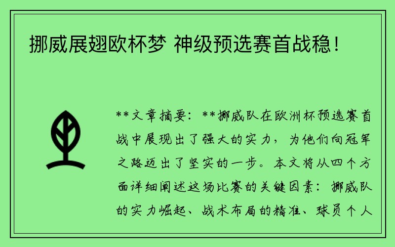 挪威展翅欧杯梦 神级预选赛首战稳！