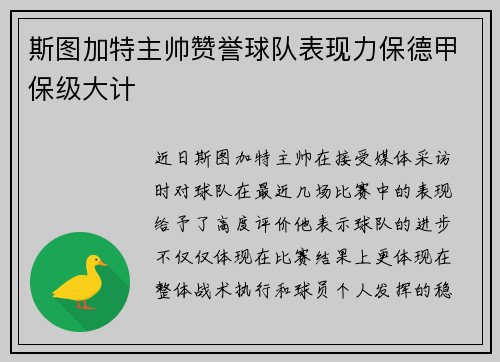 斯图加特主帅赞誉球队表现力保德甲保级大计