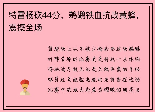 特雷杨砍44分，鹈鹕铁血抗战黄蜂，震撼全场